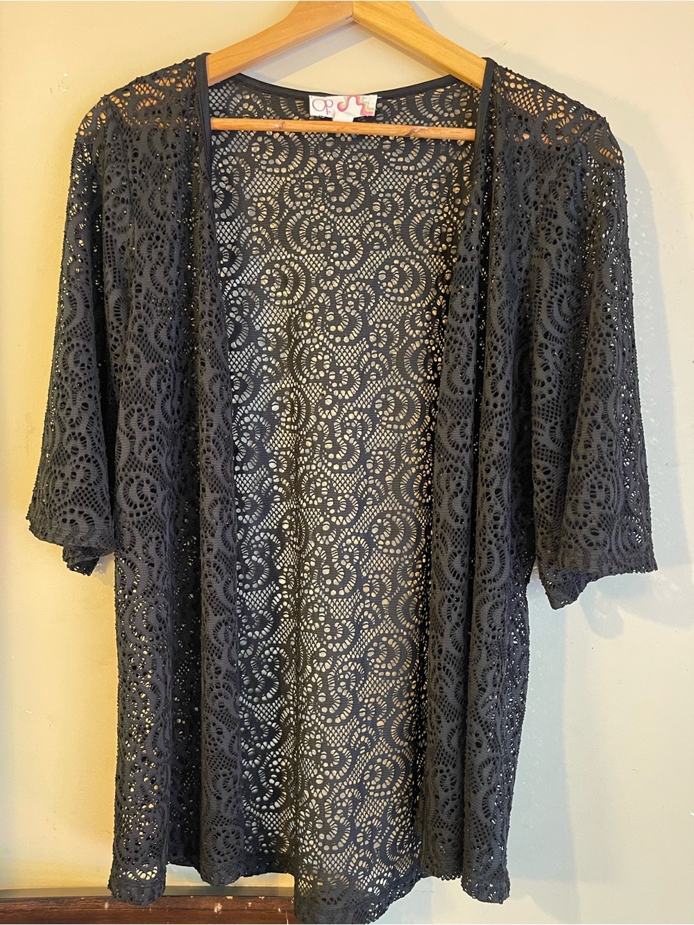 OP Ocean Pacific Black Crochet Lace Open Front Kimono Cover Up Cardigan M